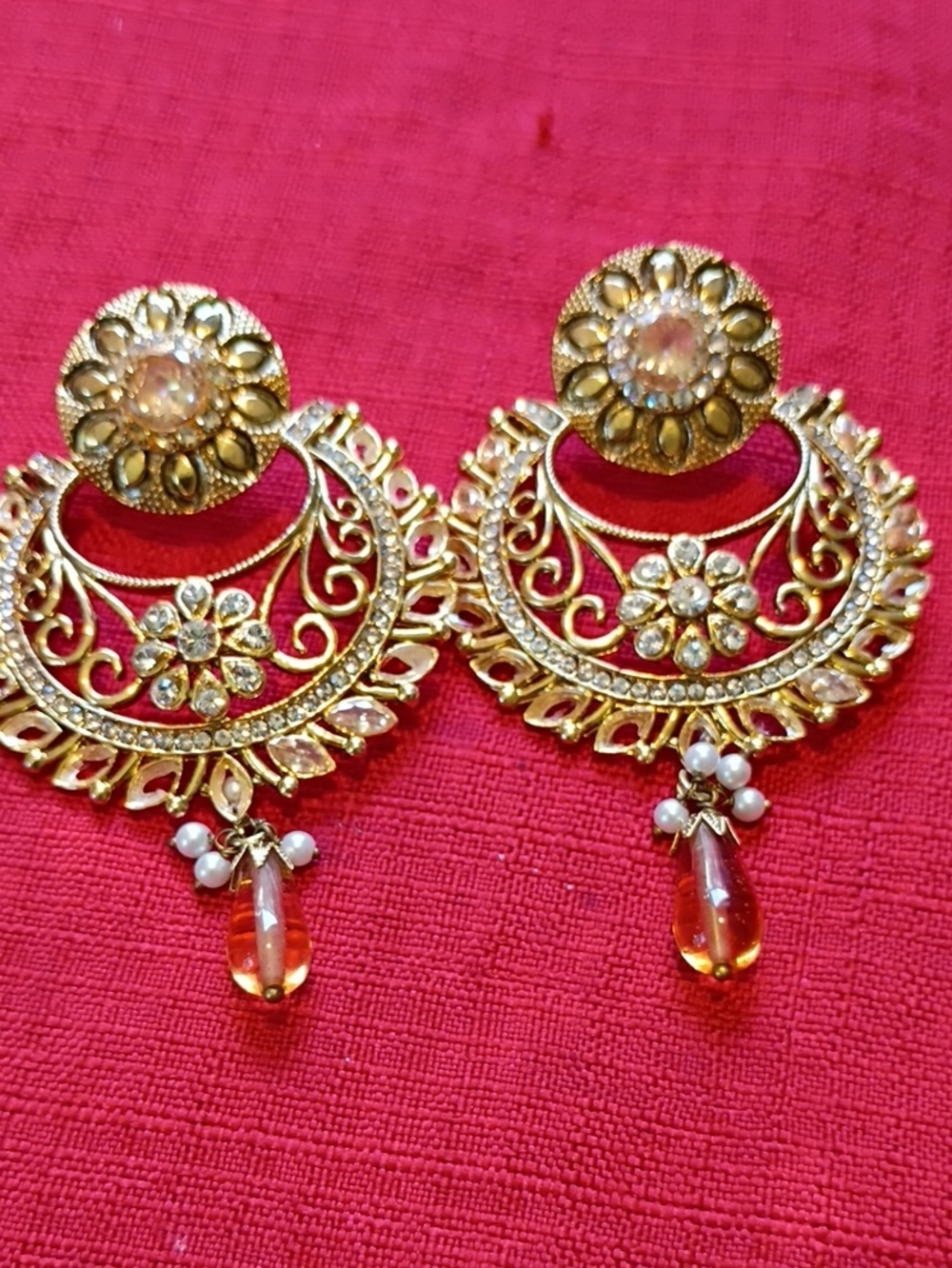 Gold Floral Filigree Chandbali Earrings with Amber Drop